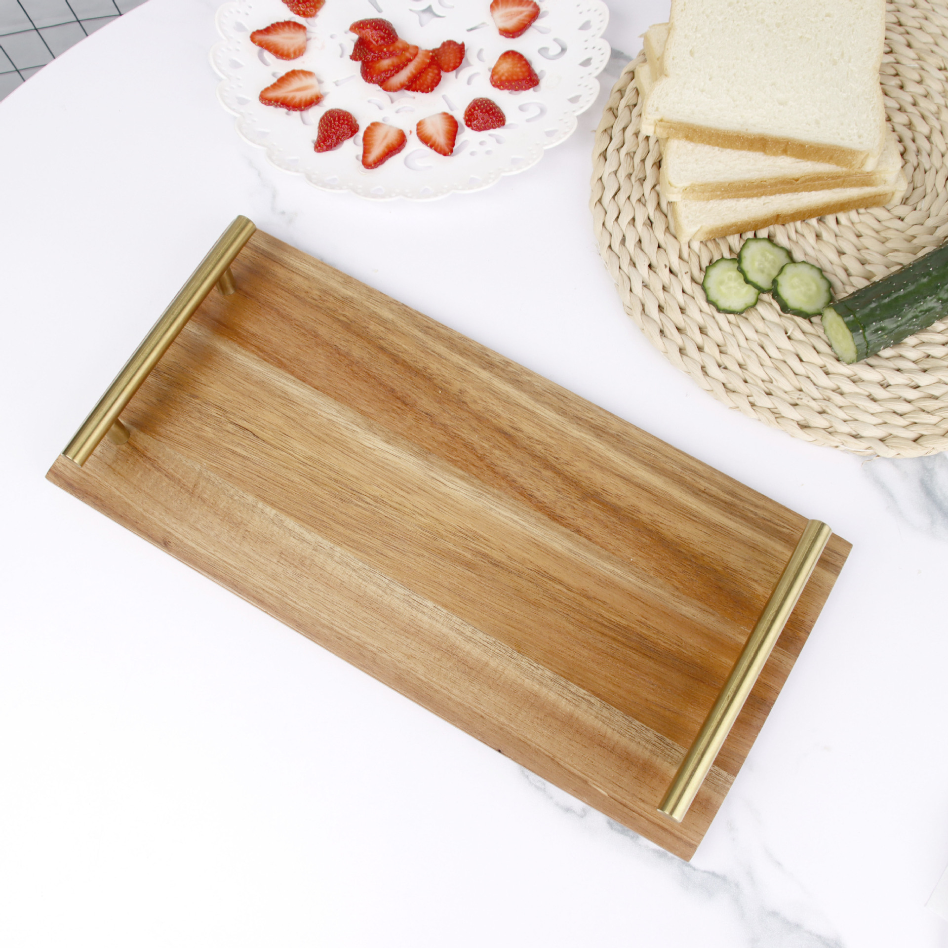 Wooden Serving Tray with Gold Metal Handles – 36×17×4.5cm Rectangular Display Platter